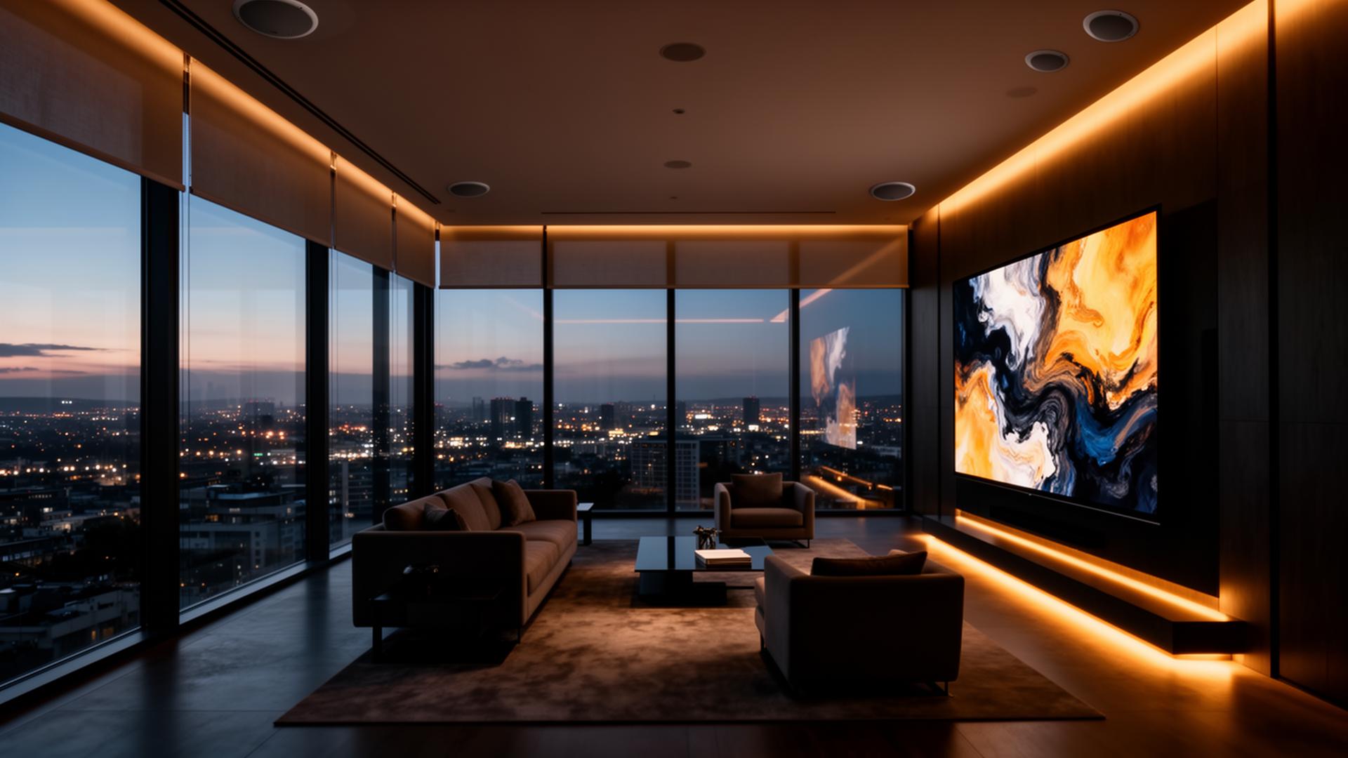 Modern luxury living room with integrated smart home technology at dusk